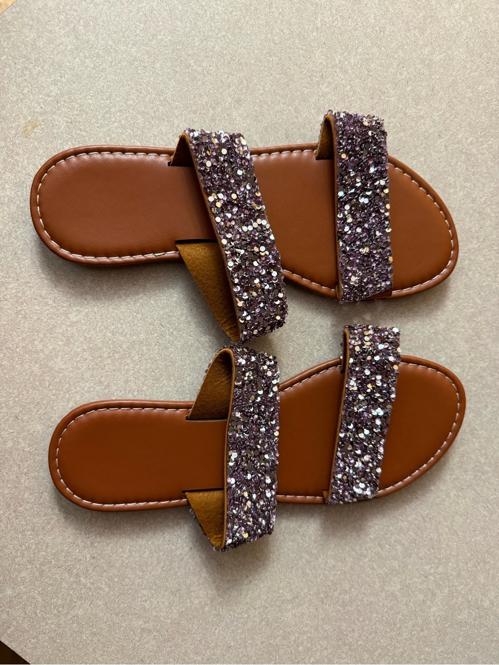 Womens Glitter Double-Strap Sandals - Brown with Purple Glitter. Size 40. New.